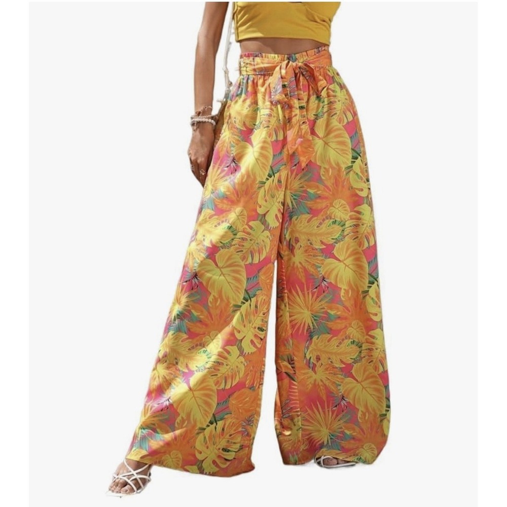 Colorful Women's Floral Print Pants size Large wide leg women pants. Elastic